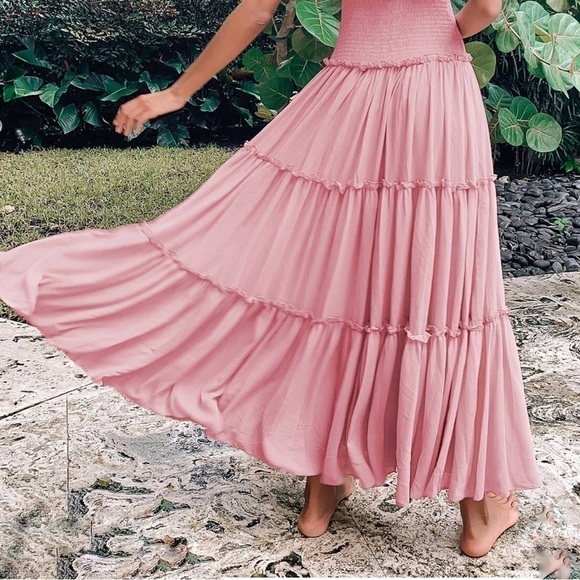 NEW- Lulu's Like a Fairy Tale Dusty Pink Smocked Tie-Strap Tiered Maxi Dress MD - Picture 12 of 16